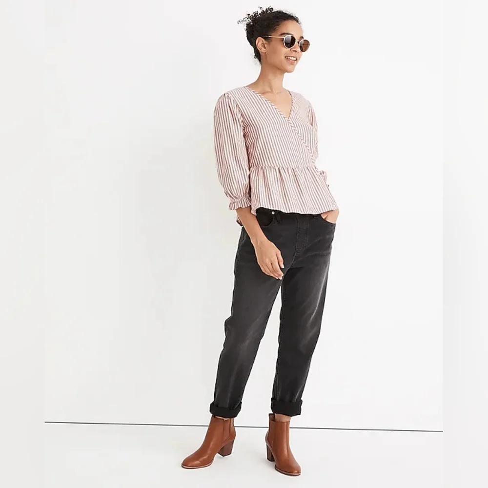Madewell Puff-Sleeve Peplum Wrap Top in Stripe‎ in Sweet Tulip
